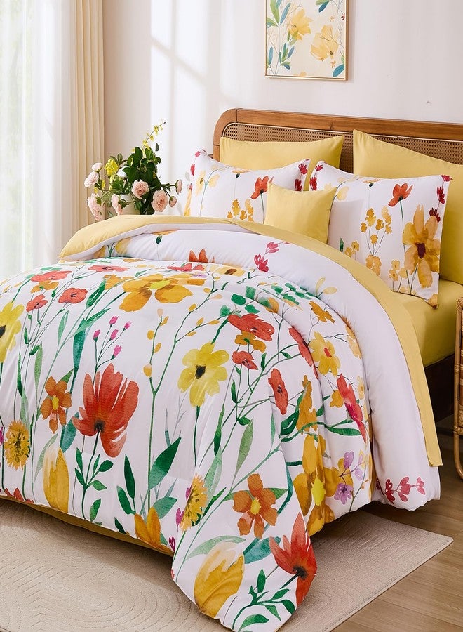 Anibedding طقم لحاف أنيبدينغ الزهري بحجم كوين، 8 قطع زهور نباتية صفراء في حقيبة، لحاف زهور عكسي أنيق ومشرق، طقم سرير ناعم من الألياف الدقيقة لجميع الفصول (90"x90") - Image 2