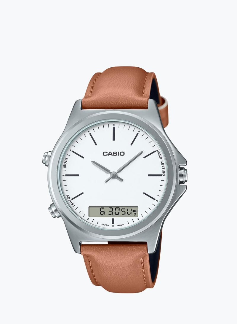 Casio Analog Digital White Dial Alarms Leather Strap MTP-VC01L-7E Mens Watch