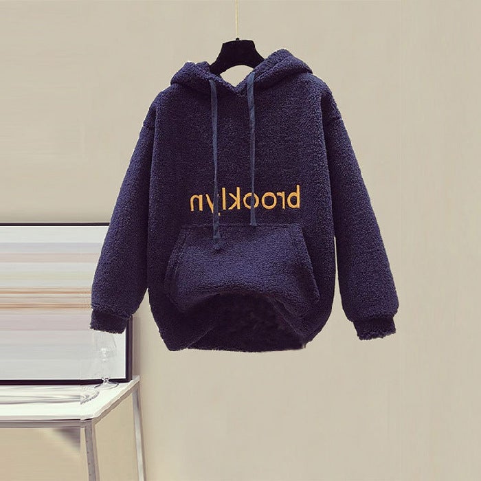 Autumn and Winter Fashion suit Female Students Korean Loose fleece-lined Thickened Imitation Lamb Wool Sweatshirt Cropped Wool Casual Pants Navy blue top