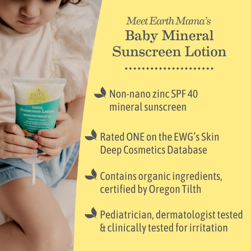 Earth Mama Baby Mineral Sunscreen Lotion SPF 40 | Non-Nano Zinc, Natural Water Resistant Sun Cream for Babies, Kids & Adults, 3-Ounce - Image 1