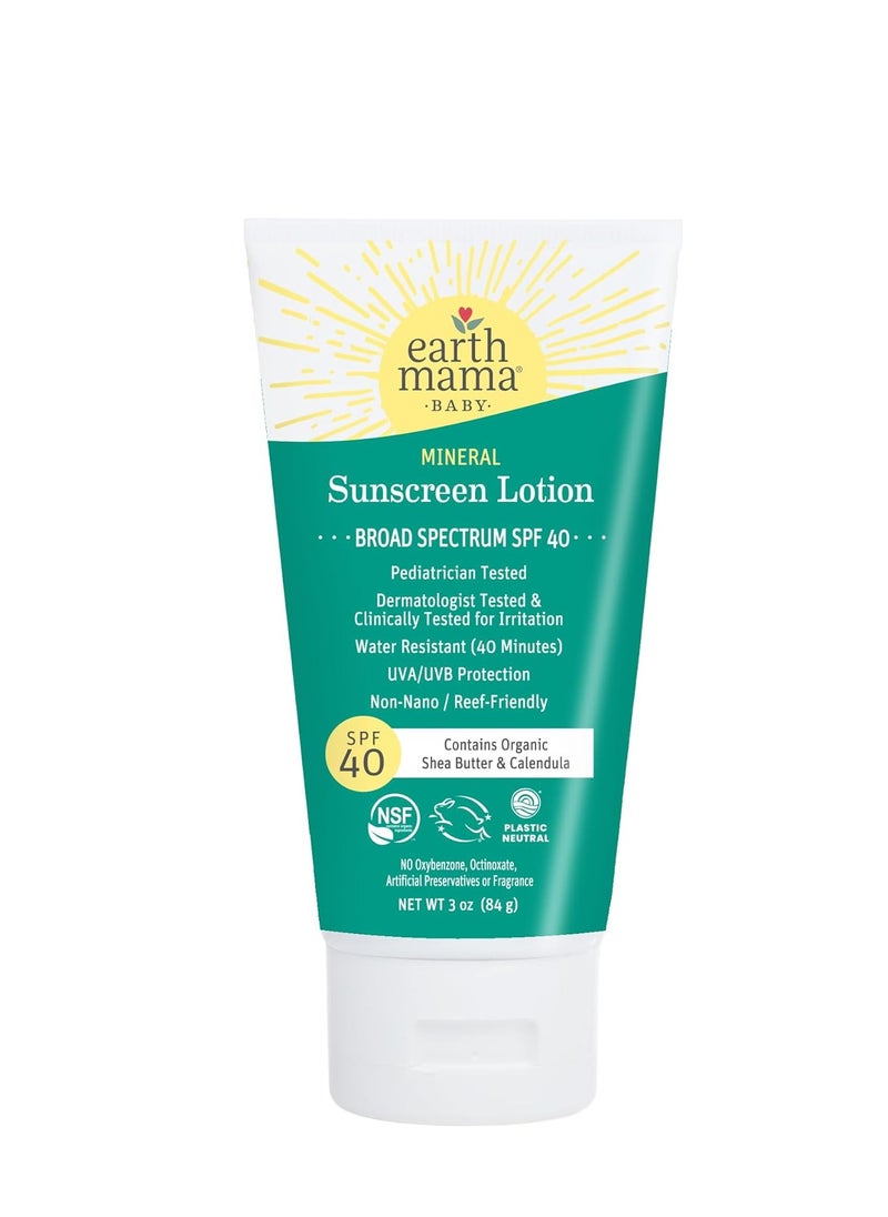Earth Mama Earth Mama Baby Mineral Sunscreen Lotion SPF 40 | Reef Safe, Non-Nano Zinc, Natural Water Resistant Sun Cream for Babies, Kids & Adults, 3-Ounce  - Image 1