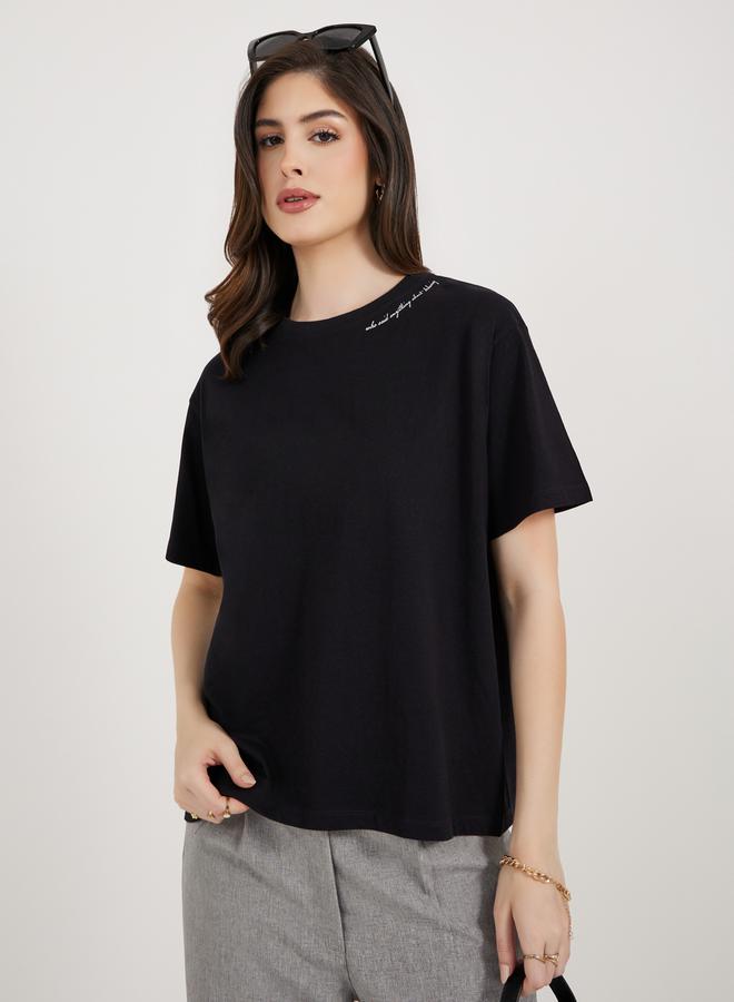 Styli Slogan Print Round Neck Boxy T-Shirt  - Image 1