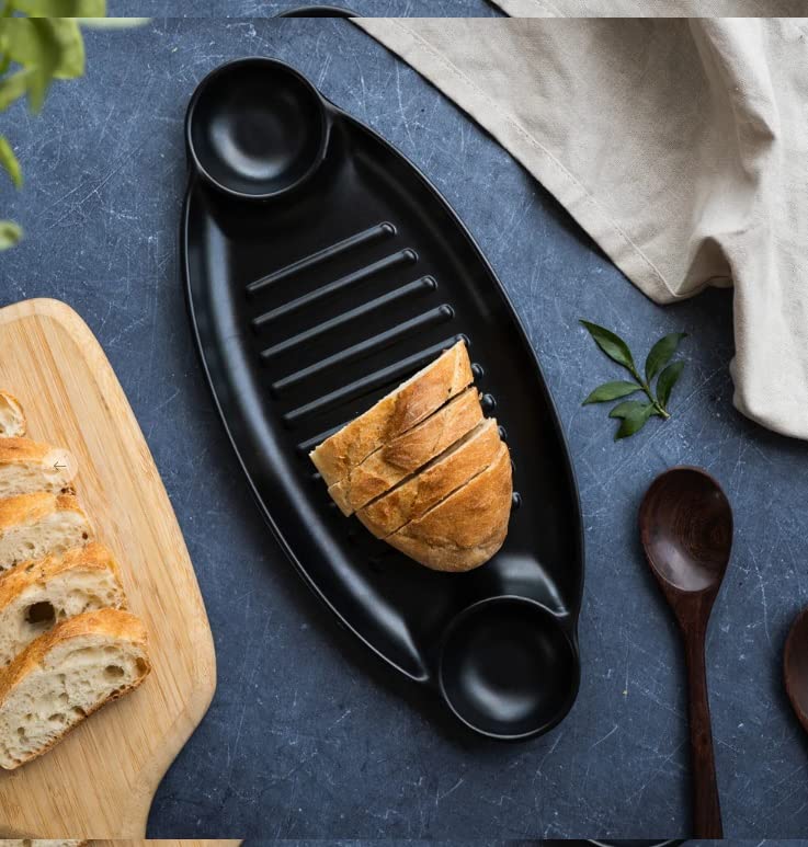 DECOR VIBES Melamine Grill Double Dip Serving Platter for Kabab, French Fries, Momos, Paneer Tikka, Serving Starter, Dessert and Snacks Platter/Tray (Matt Black, Pack of 2 ) - Image 1