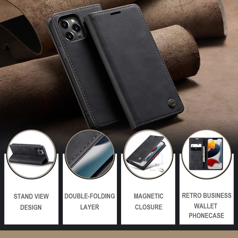 SINIANL حافظة جلدية SINIANL لهاتف iPhone 13 Pro Max، حافظة قابلة للطي مع قاعدة مغناطيسية، فتحة بطاقة، غطاء واقي لهاتف iPhone 13 Pro Max 6.7 بوصة باللون الأسود - Image 2