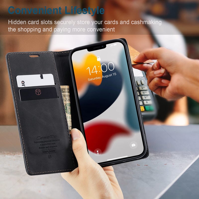 SINIANL حافظة جلدية SINIANL لهاتف iPhone 13 Pro Max، حافظة قابلة للطي مع قاعدة مغناطيسية، فتحة بطاقة، غطاء واقي لهاتف iPhone 13 Pro Max 6.7 بوصة باللون الأسود - Image 3
