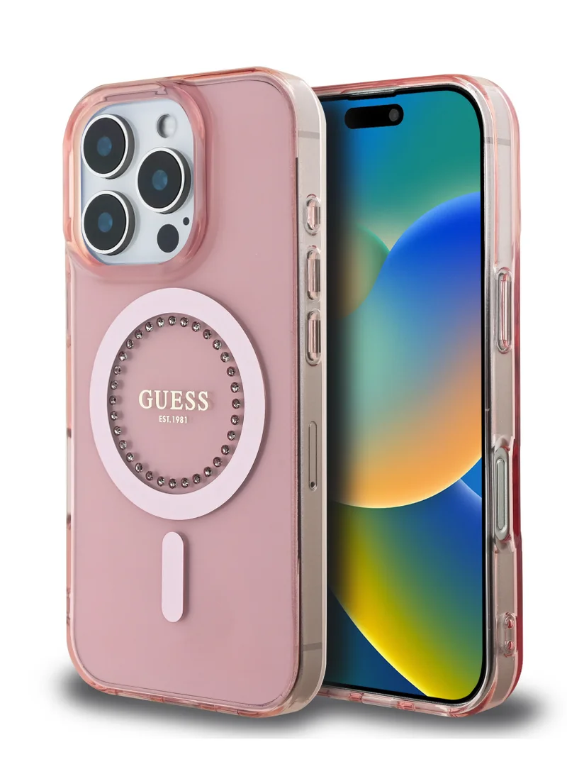 GUESS iPhone 16 Pro Max Magsafe Case IML Hard Cover with Rhinestones Design / Easy Snap-On/ Drop Protection/ Slim Profile - Pink