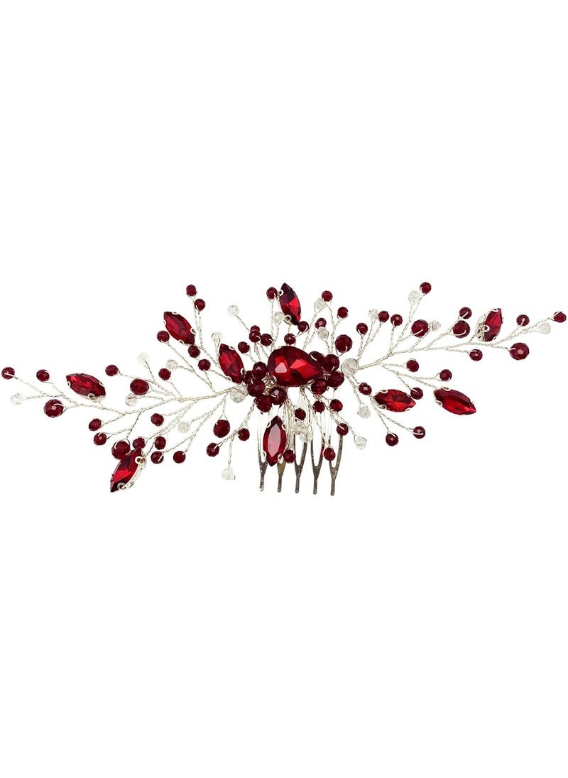 BETITETO - Bridal Wedding Hair Comb Wine Red Crystal Sliver Hair Vine Piece Accessories for Women Girls Party Banquet Wine Red - Image 1
