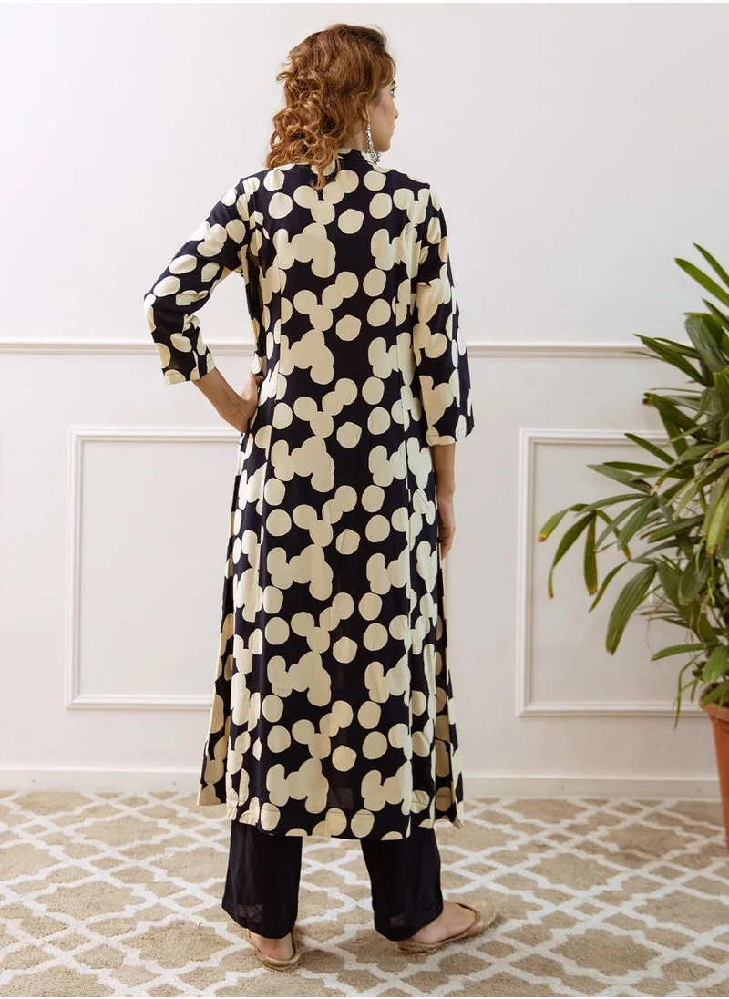 آي شين Women's Navy Rayon Embellished Tunic Full Length Palazzo Straight Fit Kurta Set