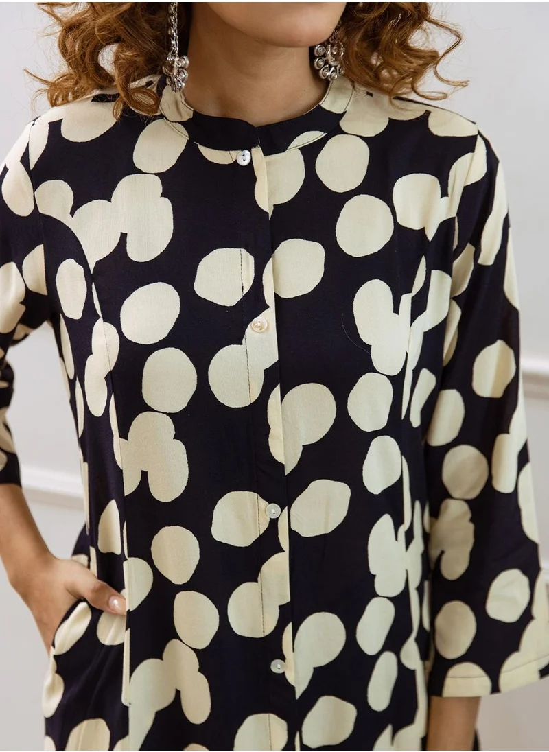 آي شين Women's Navy Rayon Embellished Tunic Full Length Palazzo Straight Fit Kurta Set