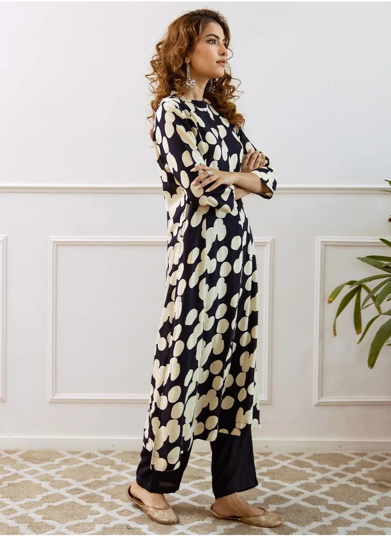 آي شين Women's Navy Rayon Embellished Tunic Full Length Palazzo Straight Fit Kurta Set