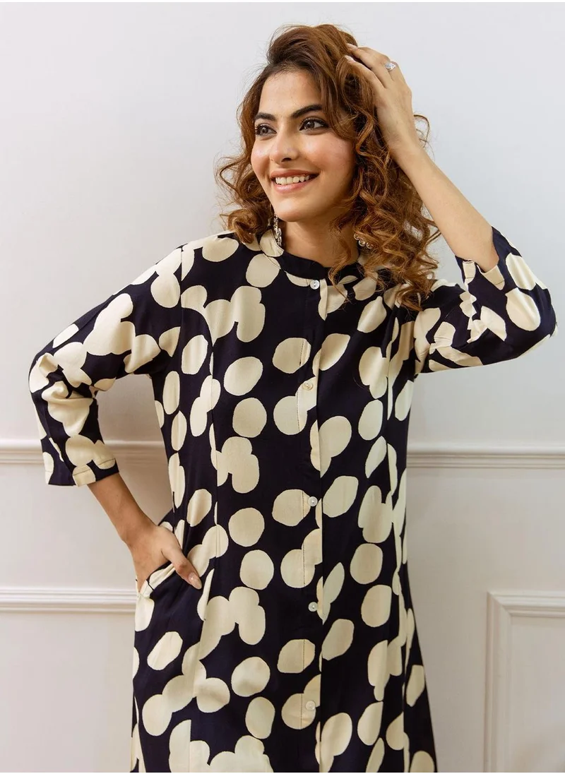 آي شين Women's Navy Rayon Embellished Tunic Full Length Palazzo Straight Fit Kurta Set