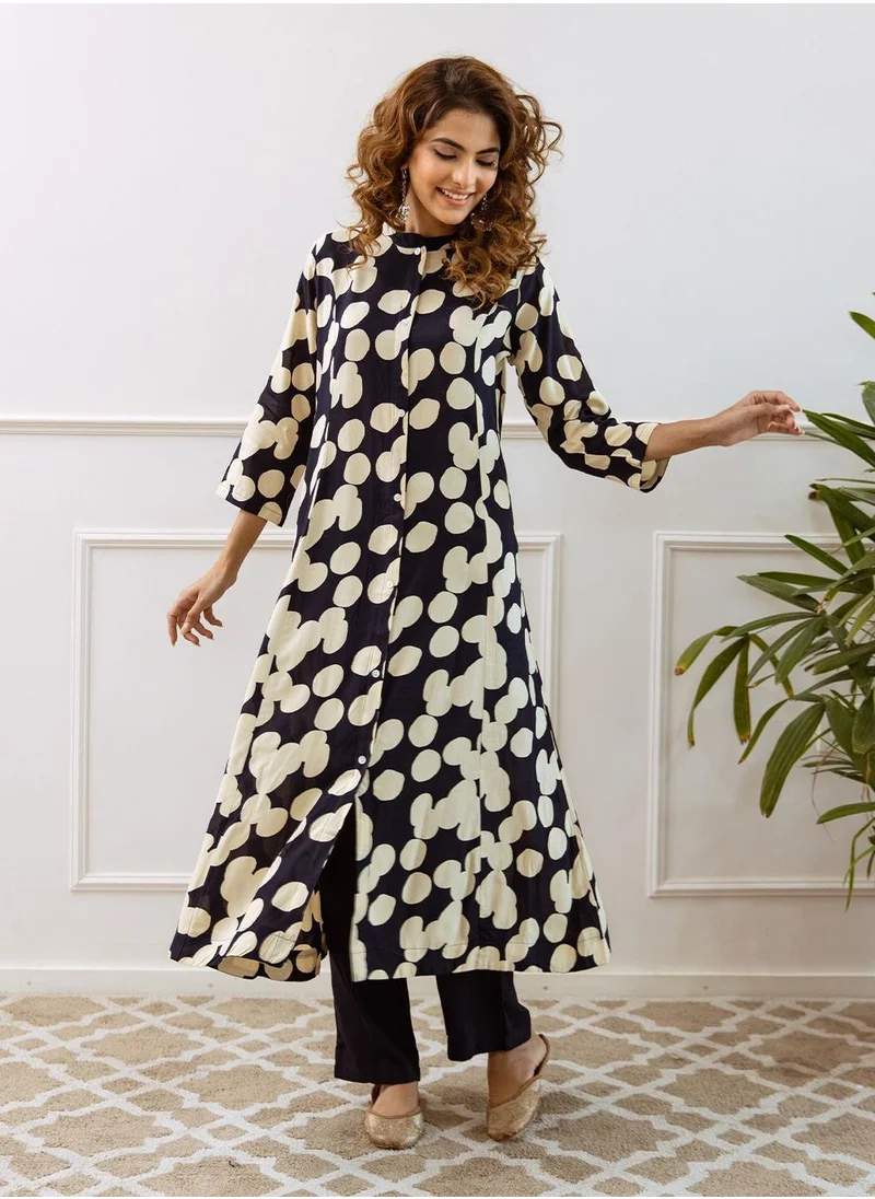 آي شين Women's Navy Rayon Embellished Tunic Full Length Palazzo Straight Fit Kurta Set