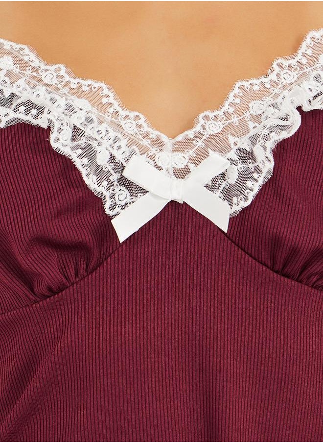 Styli Ruffle Sleeve Contrast Lettuce Hem Lace Cami and Pyjama Set  - Image 3