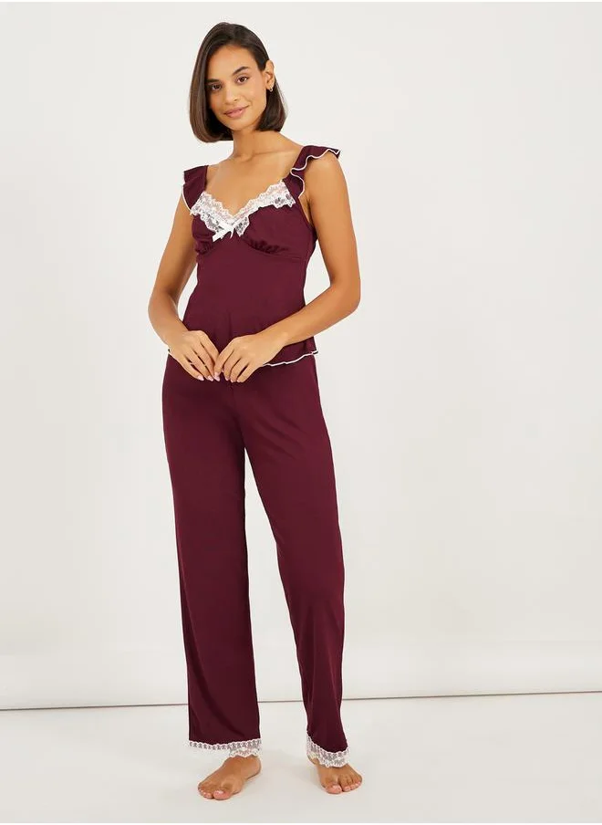 Styli Ruffle Sleeve Contrast Lettuce Hem Lace Cami and Pyjama Set