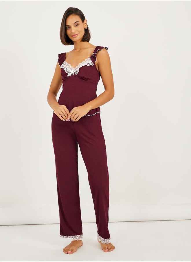 Styli Ruffle Sleeve Contrast Lettuce Hem Lace Cami and Pyjama Set  - Image 1
