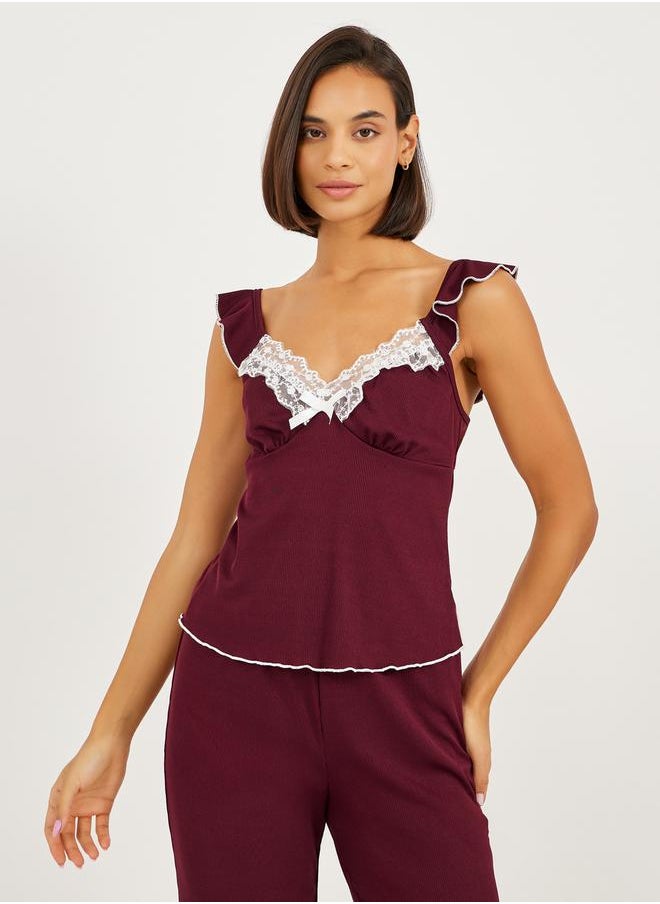 Styli Ruffle Sleeve Contrast Lettuce Hem Lace Cami and Pyjama Set  - Image 2