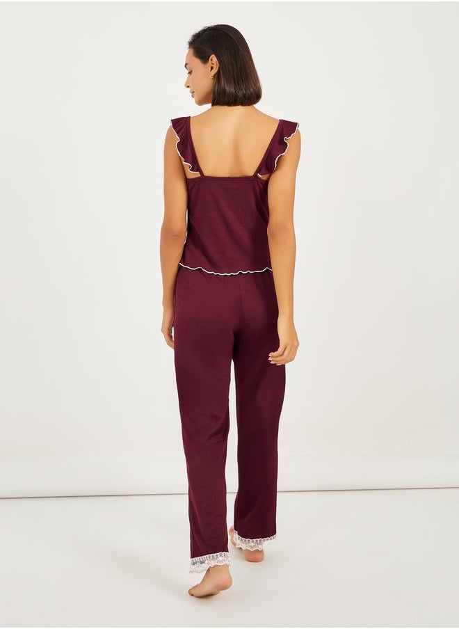 Styli Ruffle Sleeve Contrast Lettuce Hem Lace Cami and Pyjama Set  - Image 5