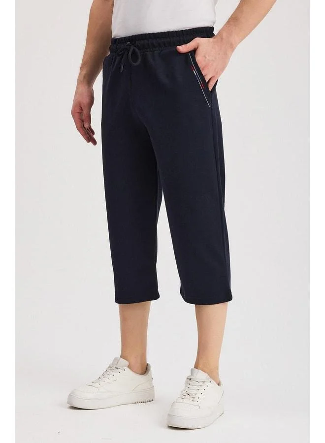 Mmetalic  Men's Navy Blue Bermuda Capri Knee-Length Long Shorts with Side Pockets and Adjustable Elastic Waist for Men | Best Price UAE