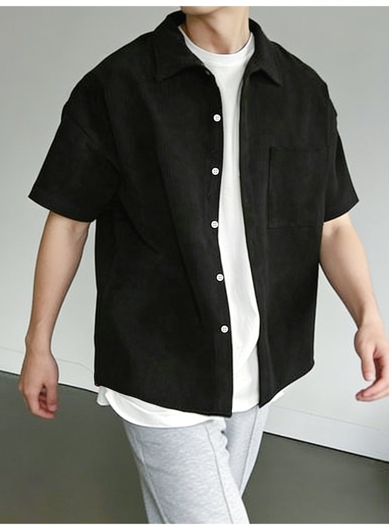 Men's Black Short Sleeve Corduroy Shirt Casual Button-Down Collar Top with Chest Pocket - Image 3