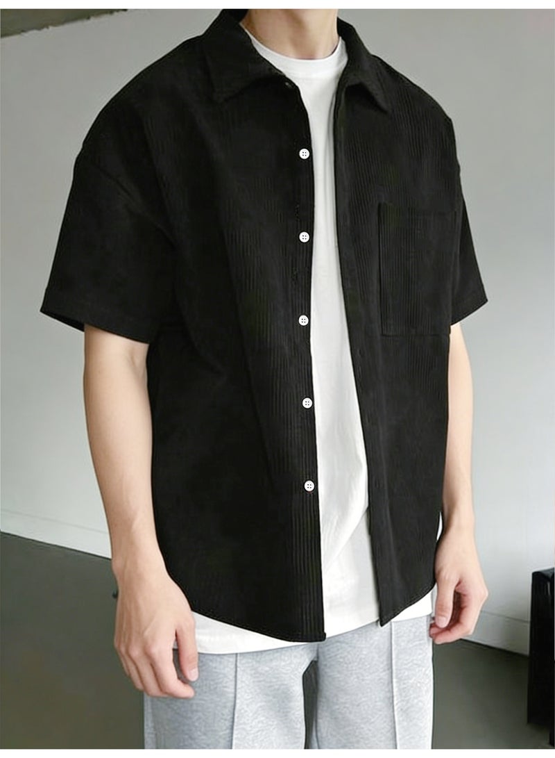 Men's Black Short Sleeve Corduroy Shirt Casual Button-Down Collar Top with Chest Pocket - Image 2