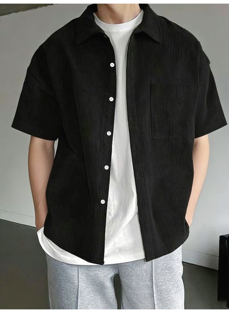 Men's Black Short Sleeve Corduroy Shirt Casual Button-Down Collar Top with Chest Pocket - Image 1