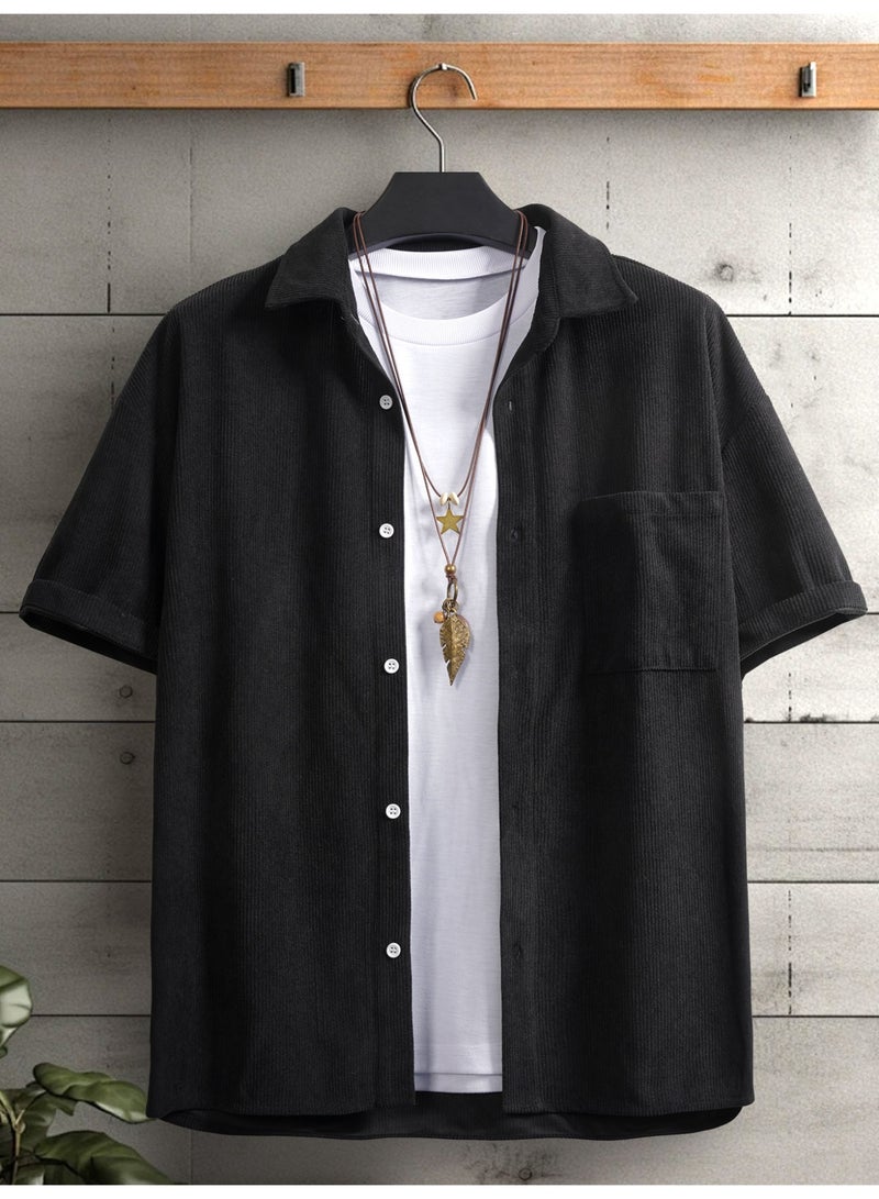 Men's Black Short Sleeve Corduroy Shirt Casual Button-Down Collar Top with Chest Pocket - Image 5