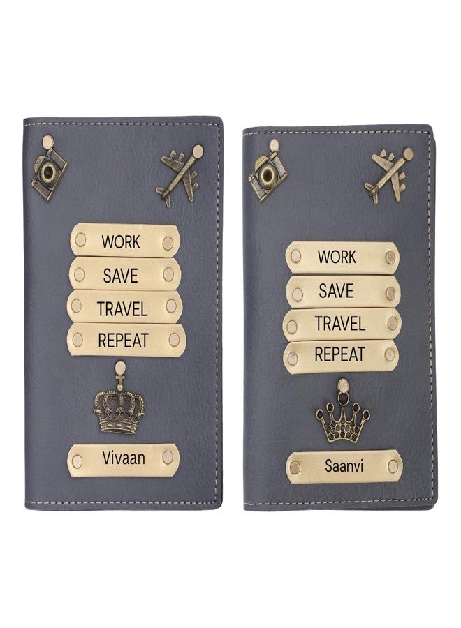 WALLETKART Personalized Leather Name Passport Cover with Travel Charm & Quote | Customized Passport Holder for Couple | “Work Save Travel Repeat” Travel Gift (Pack of 2) - Image 1