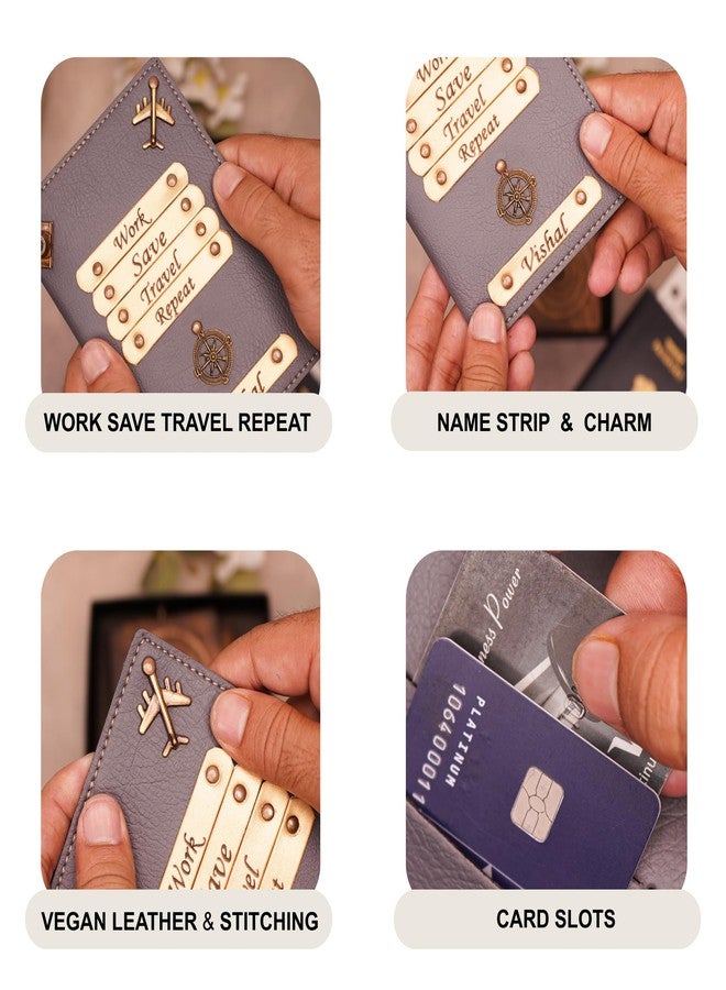 WALLETKART Personalized Leather Name Passport Cover with Travel Charm & Quote | Customized Passport Holder for Couple | “Work Save Travel Repeat” Travel Gift (Pack of 2) - Image 3