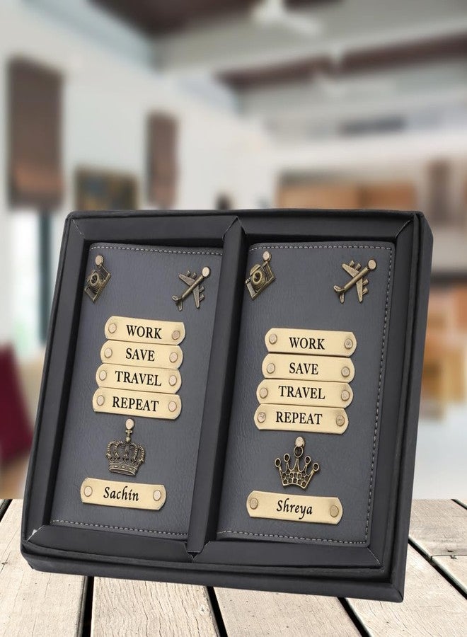 WALLETKART Personalized Leather Name Passport Cover with Travel Charm & Quote | Customized Passport Holder for Couple | “Work Save Travel Repeat” Travel Gift (Pack of 2) - Image 2