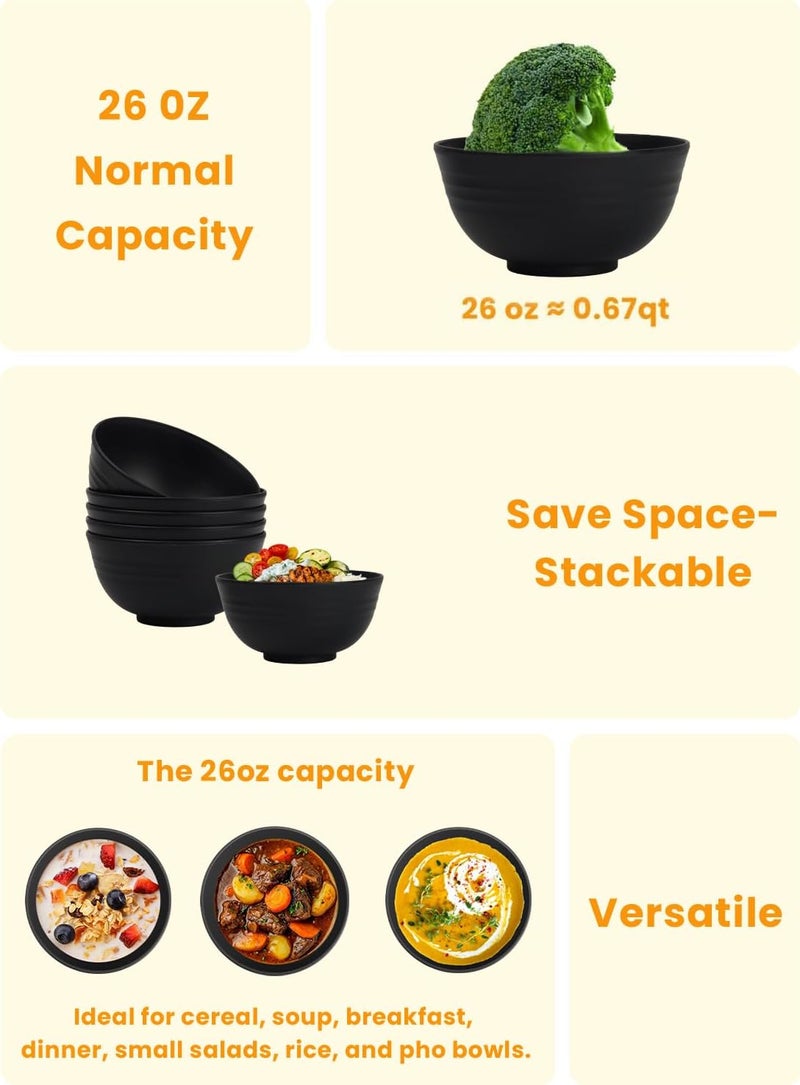 Homienly Cereal Bowls Wheat Straw Bowls for Dorm,Party,Kitchen Bowls Set of 6 Unbreakable Bowls for Hiking Microwave Safe Soup Bowls (26oz, Black) - Image 5