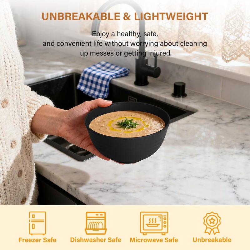 Homienly Cereal Bowls Wheat Straw Bowls for Dorm,Party,Kitchen Bowls Set of 6 Unbreakable Bowls for Hiking Microwave Safe Soup Bowls (26oz, Black) - Image 4