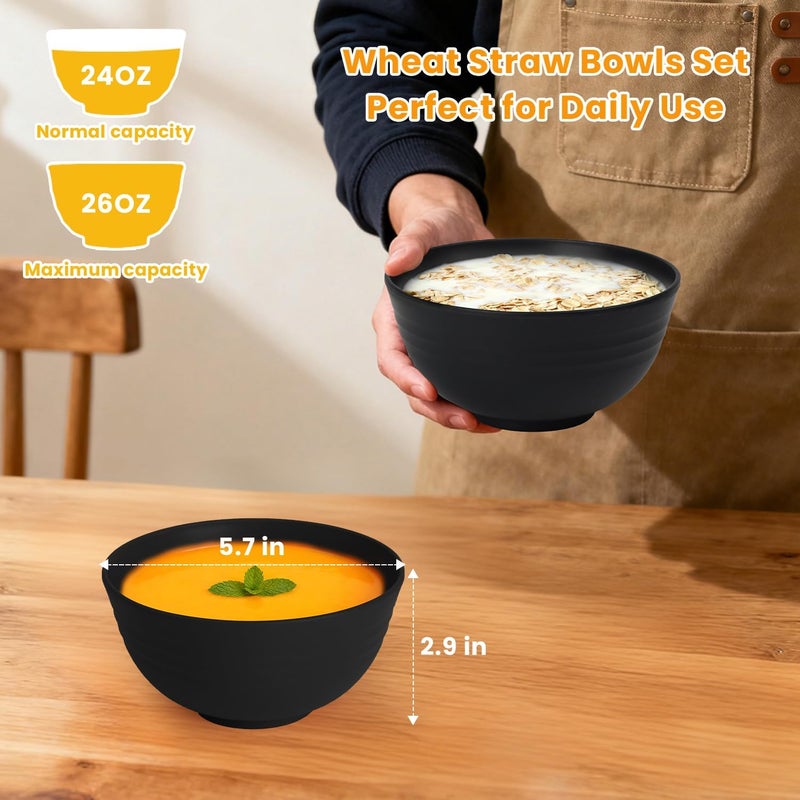 Homienly Cereal Bowls Wheat Straw Bowls for Dorm,Party,Kitchen Bowls Set of 6 Unbreakable Bowls for Hiking Microwave Safe Soup Bowls (26oz, Black) - Image 2