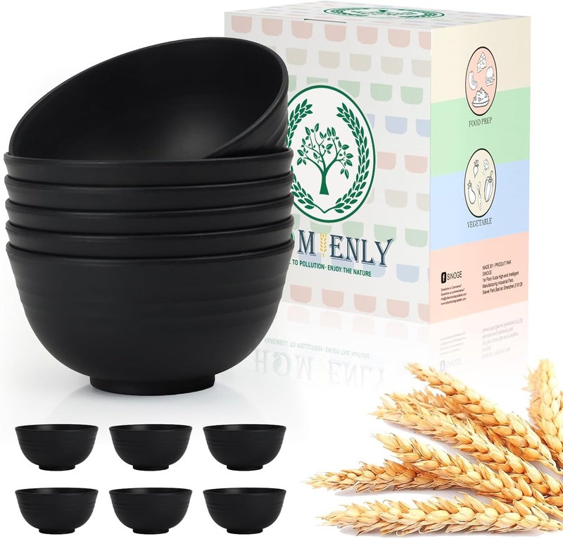 Homienly Cereal Bowls Wheat Straw Bowls for Dorm,Party,Kitchen Bowls Set of 6 Unbreakable Bowls for Hiking Microwave Safe Soup Bowls (26oz, Black) - Image 1