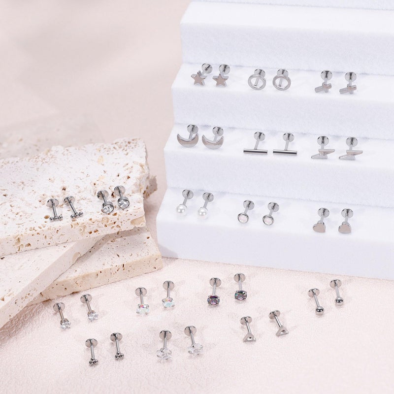 Masedy 18Pairs 18G Surgical Steel Threadless Stud Earring for Women Men Push in Helix Cartilage Earrings Studs CZ Hypoallergenic Heart Moon Star Flat Back Earring 6mm - Image 4