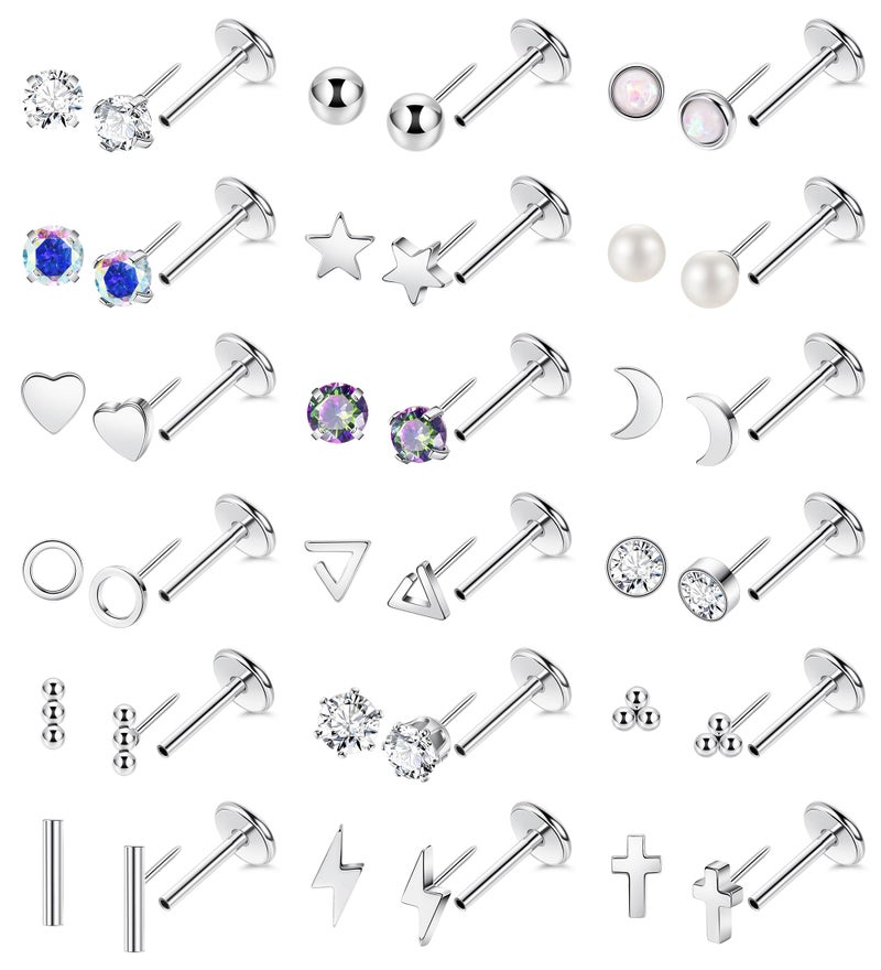 Masedy 18Pairs 18G Surgical Steel Threadless Stud Earring for Women Men Push in Helix Cartilage Earrings Studs CZ Hypoallergenic Heart Moon Star Flat Back Earring 6mm - Image 1