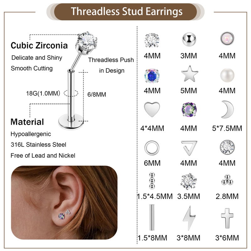 Masedy 18Pairs 18G Surgical Steel Threadless Stud Earring for Women Men Push in Helix Cartilage Earrings Studs CZ Hypoallergenic Heart Moon Star Flat Back Earring 6mm - Image 2