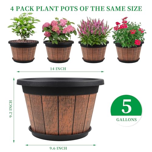 Quarut Large 4 Pack 14 inch Plant Pots,Whiskey Barrel Planters with Drainage Holes & Saucer,Plastic Decoration Flower Pots Retro Design,Planters for Outdoor Indoor Garden Balcony Plants (Brown) - Image 3