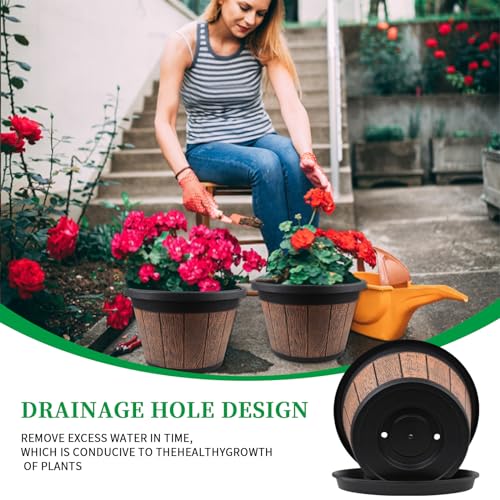 Quarut Large 4 Pack 14 inch Plant Pots,Whiskey Barrel Planters with Drainage Holes & Saucer,Plastic Decoration Flower Pots Retro Design,Planters for Outdoor Indoor Garden Balcony Plants (Brown) - Image 2