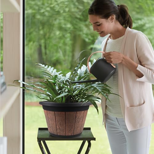 Quarut Large 4 Pack 14 inch Plant Pots,Whiskey Barrel Planters with Drainage Holes & Saucer,Plastic Decoration Flower Pots Retro Design,Planters for Outdoor Indoor Garden Balcony Plants (Brown) - Image 4