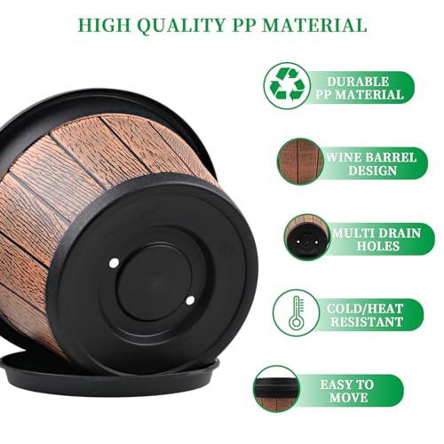 Quarut Large 4 Pack 14 inch Plant Pots,Whiskey Barrel Planters with Drainage Holes & Saucer,Plastic Decoration Flower Pots Retro Design,Planters for Outdoor Indoor Garden Balcony Plants (Brown) - Image 5