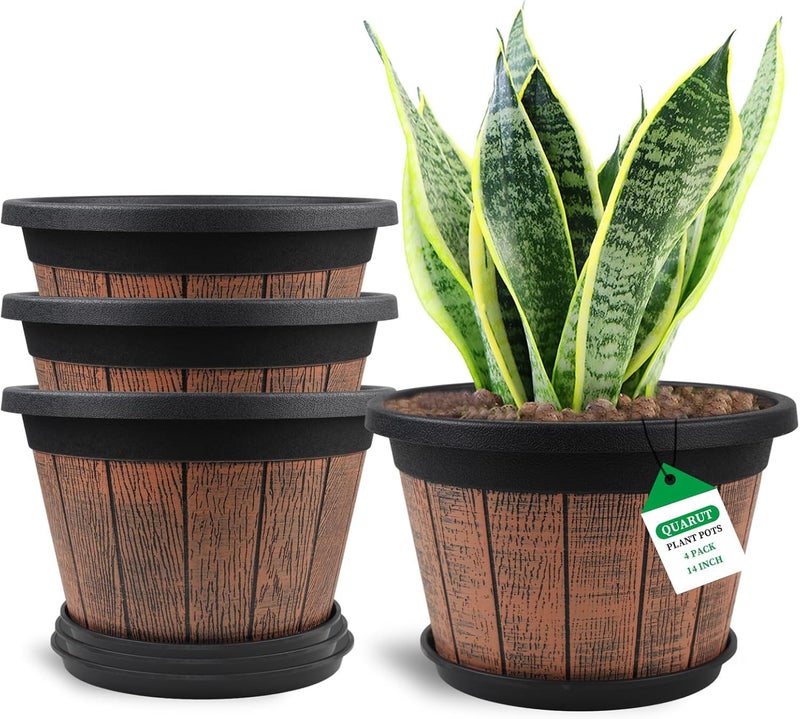 Quarut Large 4 Pack 14 inch Plant Pots,Whiskey Barrel Planters with Drainage Holes & Saucer,Plastic Decoration Flower Pots Retro Design,Planters for Outdoor Indoor Garden Balcony Plants (Brown) - Image 1