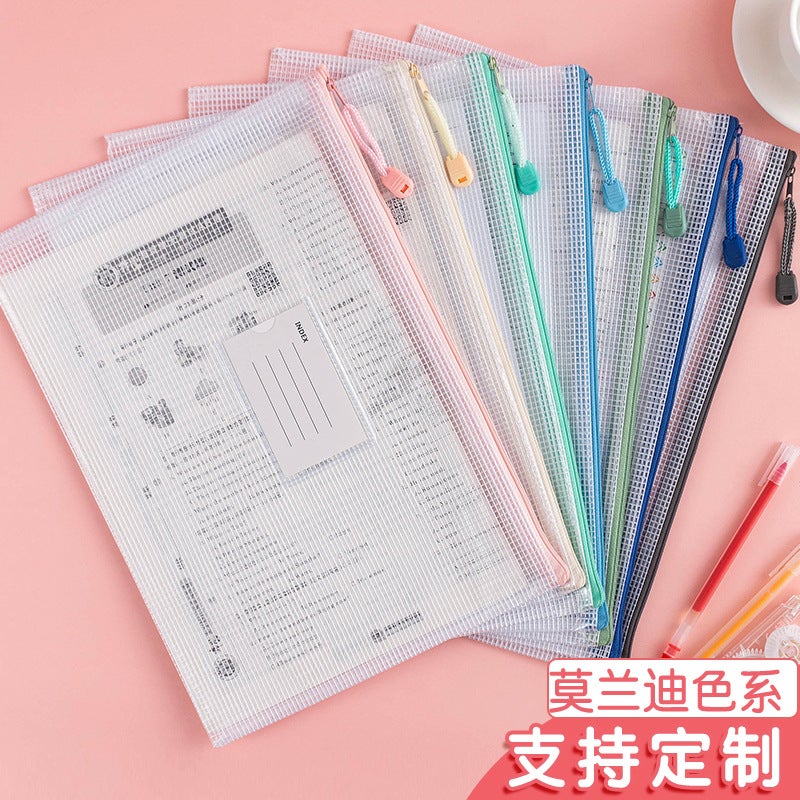 Morandi Color Grid Document Bag Thickened Waterproof Transparent Zipper Information Bag Student Textbook Classification Storage Bag - Image 2
