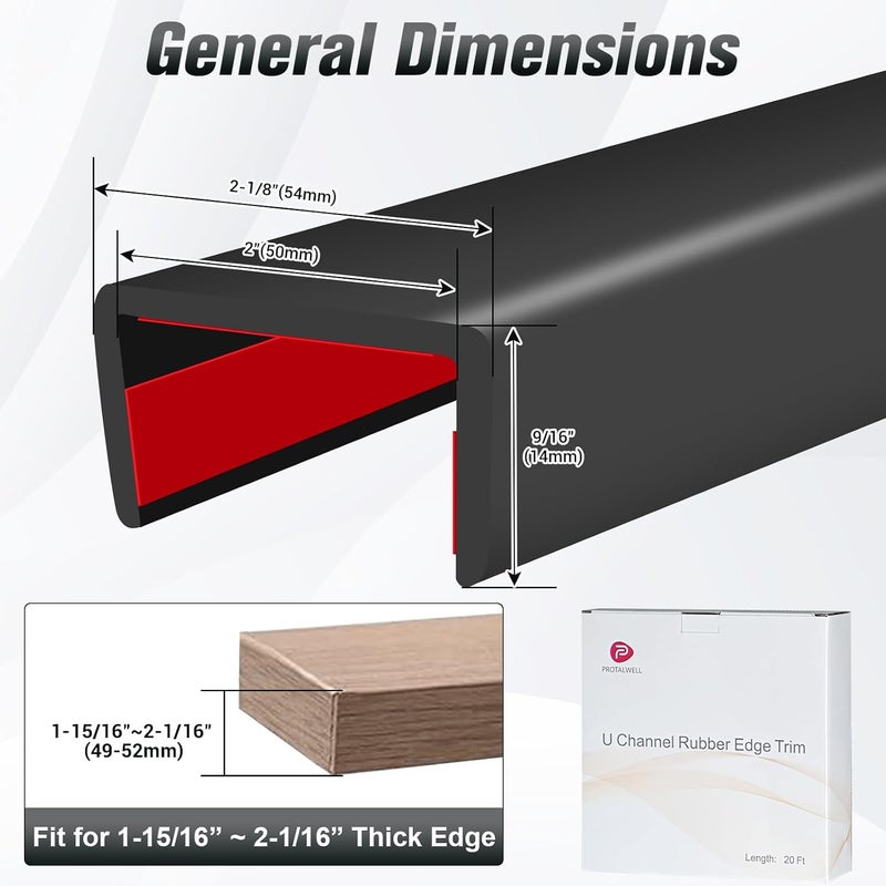 Protalwell Rubber Edge Trim, 2 inch Wide U Channel Edge Trim, Big Size U Shaped Trim, Self Adhesive Edge Banding for Plywood, Woods, Doors, Shelf, Cabinet, Countertop, Length 20Ft, Black - Image 2