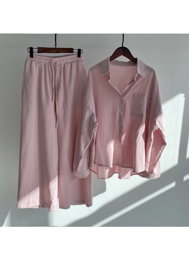 عام نسائي 2 قطعة موضة كلاسيكية لون الصلبة القطن الكتان مجموعة قميص الصيف الربيع حجم كبير نسائي متنفس بارد كم طويل لفة الرقبة قميص فضفاض السراويل - Image 1