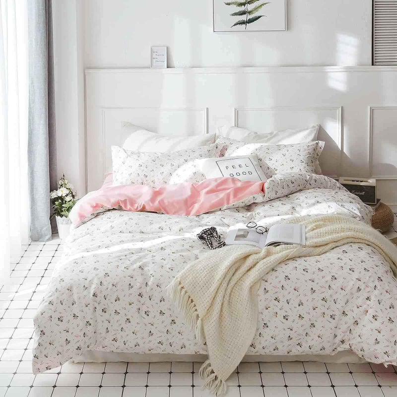 Faincy Floral Queen Size Comforter Set, Pink White Flower Leaf Pattern Printed Preppy Reversible Alternative Bed Sets - 90 x 90 3PC Soft Microfiber Duvet Vintage Bedding in a Bag for Women Girls - Image 2