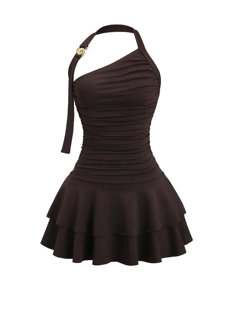 MakeMeChic Women's Y2k Halter Mini Dress Backless Ruffle Short Going Out Dress Coffee Brown Large - Image 1
