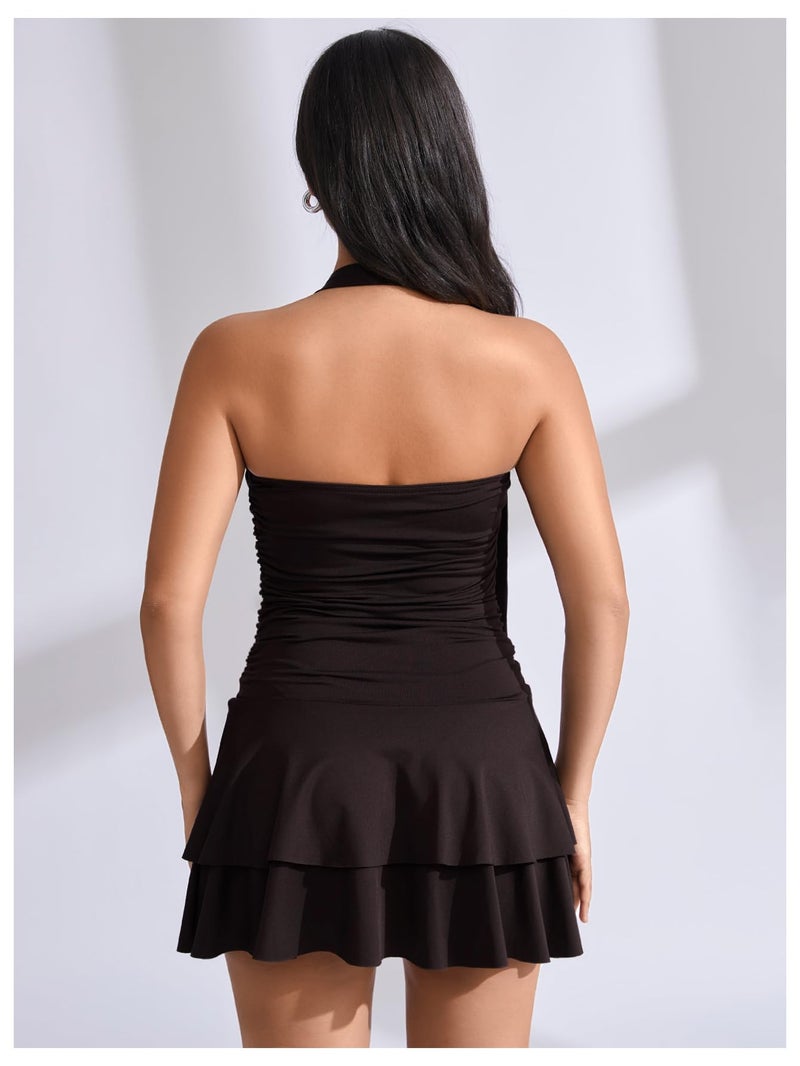 MakeMeChic Women's Y2k Halter Mini Dress Backless Ruffle Short Going Out Dress Coffee Brown Large - Image 3