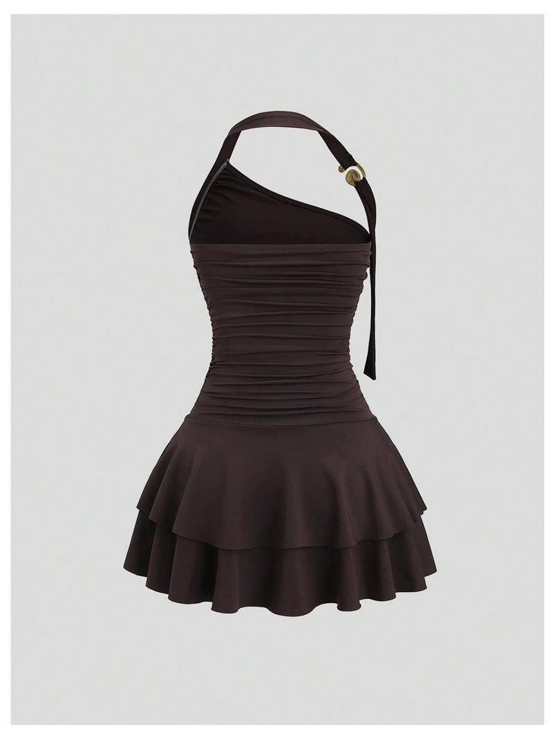 MakeMeChic Women's Y2k Halter Mini Dress Backless Ruffle Short Going Out Dress Coffee Brown Large - Image 4