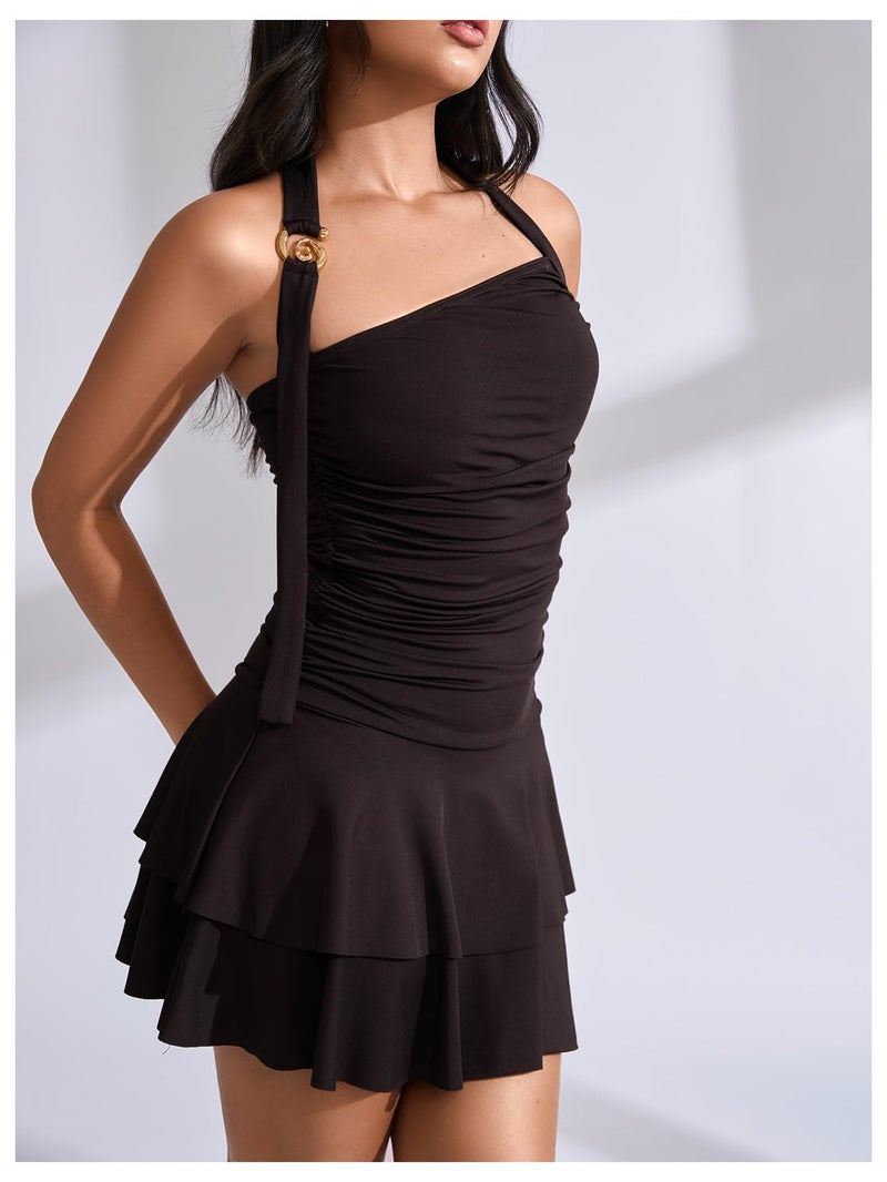 MakeMeChic Women's Y2k Halter Mini Dress Backless Ruffle Short Going Out Dress Coffee Brown Large - Image 2