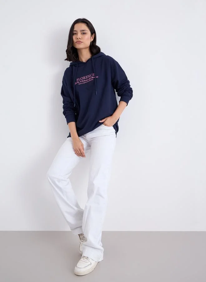 Styli Styli Navy Blue Embroidered Slogan Longline Hoodie